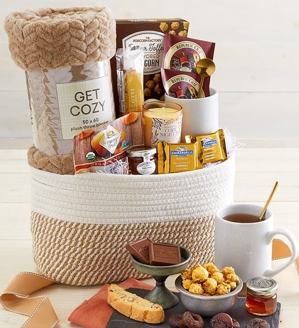 1-800 Baskets – Fresh fruit basket with gourmet snacks and ribbon wrap.