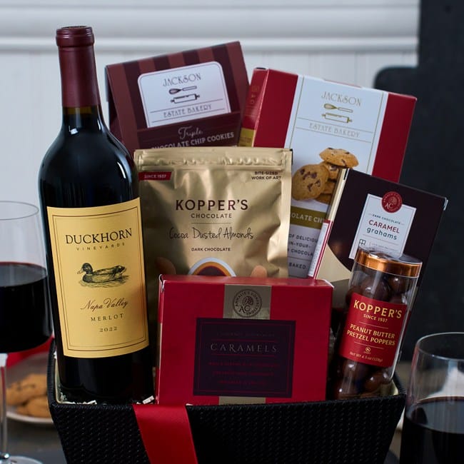 Red Wine and Dark Chocolate Gift Basket Duckhorn Merlot