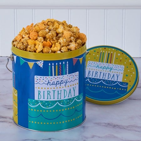 Happy Birthday Cheddar and Caramel Mix Popcorn Tin